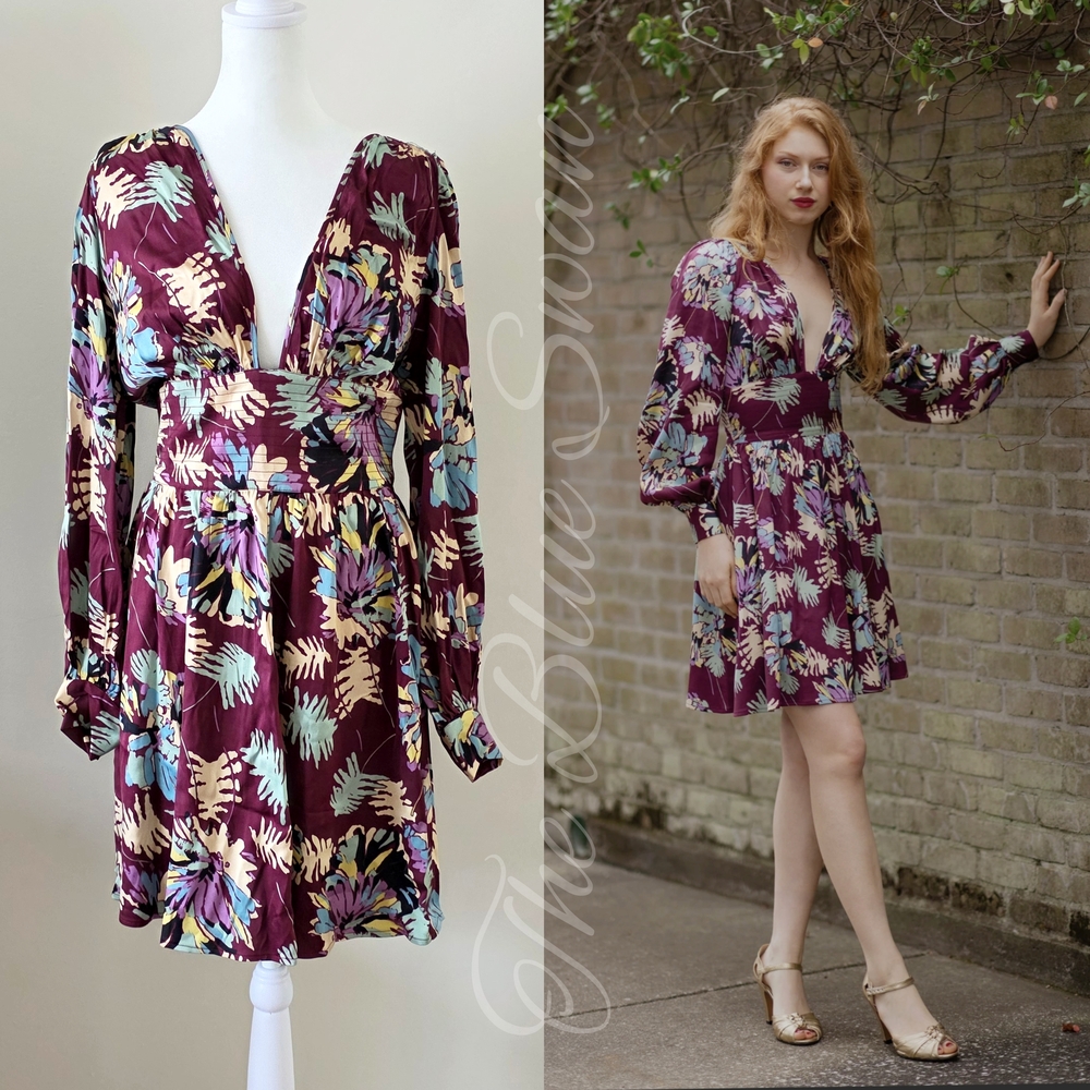 NWT Trashy Diva Bianca Mini Bordeaux Ferns Floral Long Sleeve Dress 10